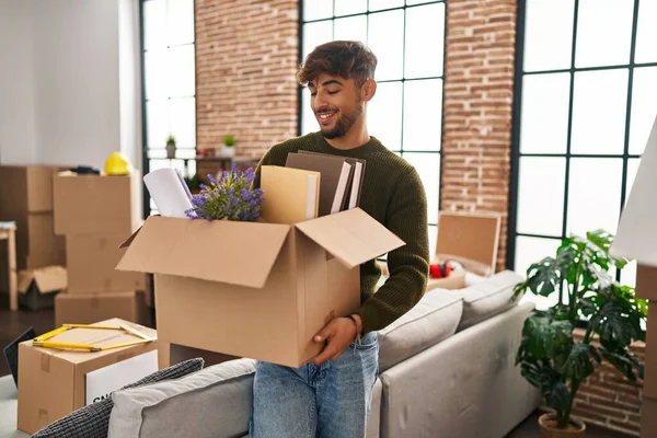 Young Arab Man Smiling Confident Holding Package New Home — Stock Photo, Image