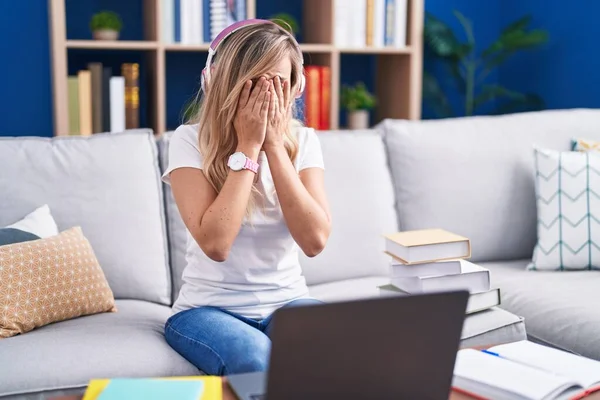 Young Blonde Woman Studying Using Computer Laptop Home Rubbing Eyes — 图库照片