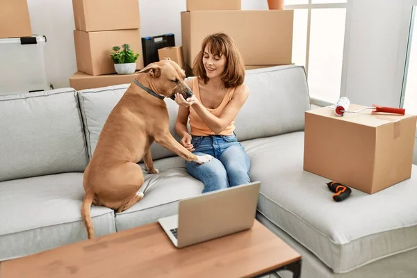 Joven Mujer Caucásica Usando Portátil Sentado Sofá Con Perro Casa —  Fotos de Stock