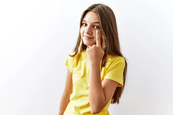 Young Brunette Teenager Standing Together Isolated Background Pointing Eye Watching — Stock Photo, Image