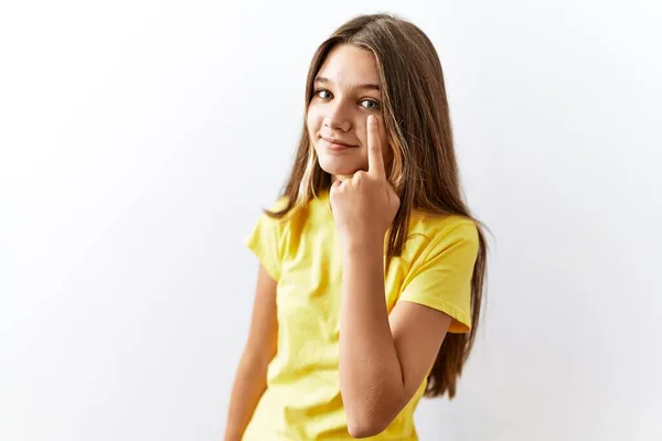 Jeune Adolescente Brune Debout Ensemble Sur Fond Isolé Pointant Vers — Photo