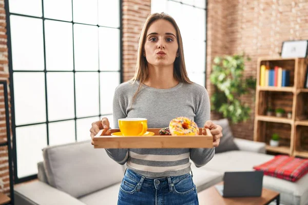 Young Woman Holding Tray Breakfast Food Looking Camera Blowing Kiss — Stockfoto