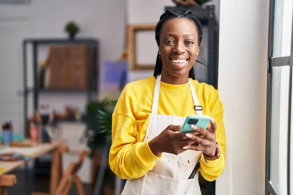 African American Woman Artist Smiling Confident Using Smartphone Art Studio — Photo