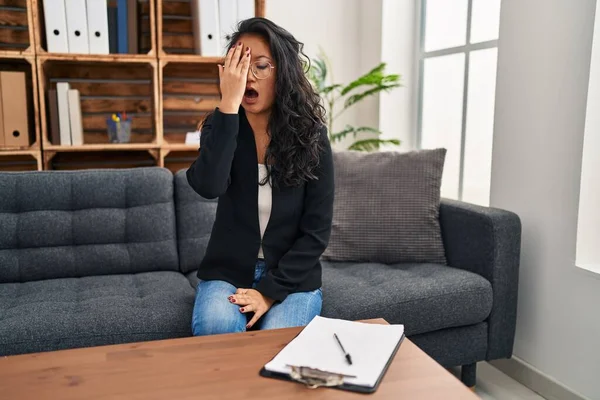 Young Asian Woman Consultation Office Yawning Tired Covering Half Face — Stock Photo, Image