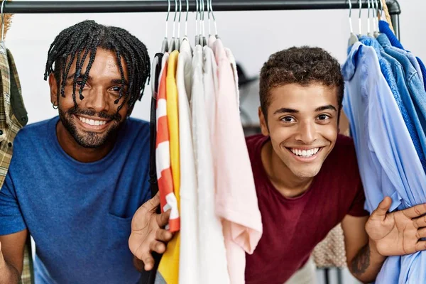 Two Men Friends Smiling Confident Appearing Rack Clothing Store — Stock fotografie