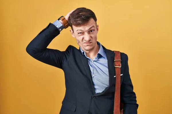 Caucasian Business Man Yellow Background Confuse Wondering Question Uncertain Doubt — Stock Photo, Image