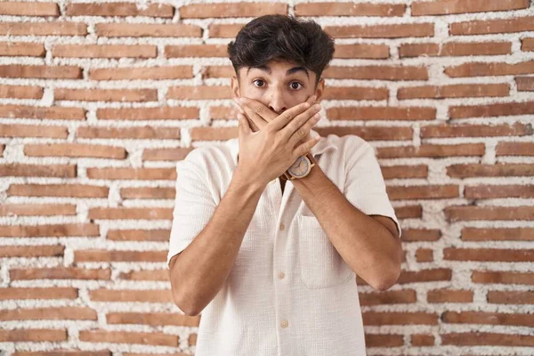 Arab Man Beard Standing Bricks Wall Background Shocked Covering Mouth — Fotografia de Stock