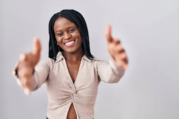 African Woman Braids Standing White Background Looking Camera Smiling Open — Photo