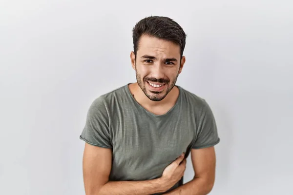 Young Hispanic Man Beard Wearing Casual Shirt White Background Hand — Stok fotoğraf