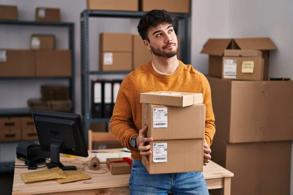 Hispanic Man Beard Working Small Business Ecommerce Holding Packages Smiling — Stock Photo, Image