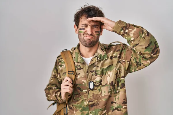 Hispanic Young Man Wearing Camouflage Army Uniform Worried Stressed Problem — Stock Photo, Image
