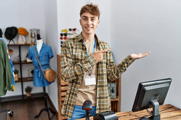 Young Caucasian Man Working Manager Retail Boutique Amazed Smiling Camera — Stok fotoğraf