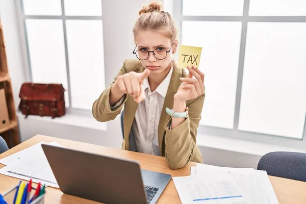 Young Caucasian Woman Office Calculating Taxes Pointing Finger Camera You — Fotografia de Stock