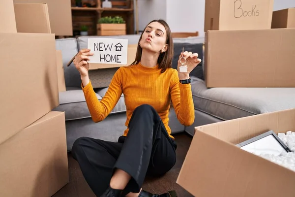 Young Caucasian Woman Sitting Floor New Home Holding New Home — Stockfoto
