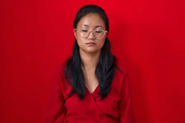 Asian Young Woman Standing Red Background Looking Sleepy Tired Exhausted —  Fotos de Stock