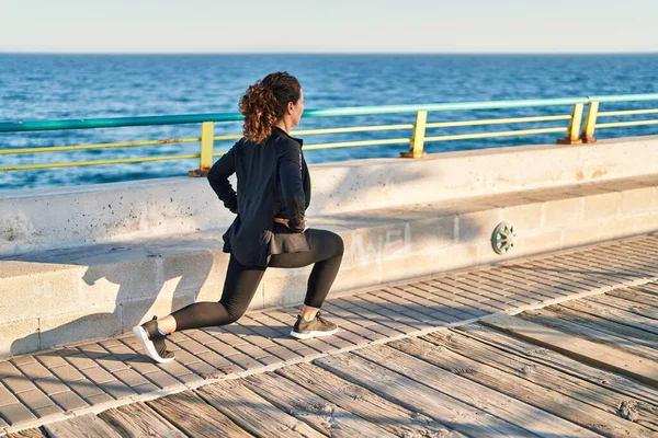 Middle Age Hispanic Woman Stretching Legs Promenade — Photo