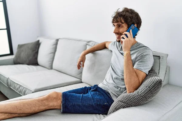 Young Hispanic Man Smiling Confident Talking Thesmartphone Home — Stok fotoğraf