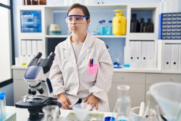 Hispanic Girl Syndrome Working Scientist Laboratory Puffing Cheeks Funny Face — Stock Photo, Image
