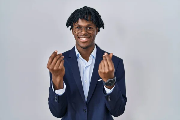 Young African Man Dreadlocks Wearing Business Jacket White Background Doing — Stok fotoğraf