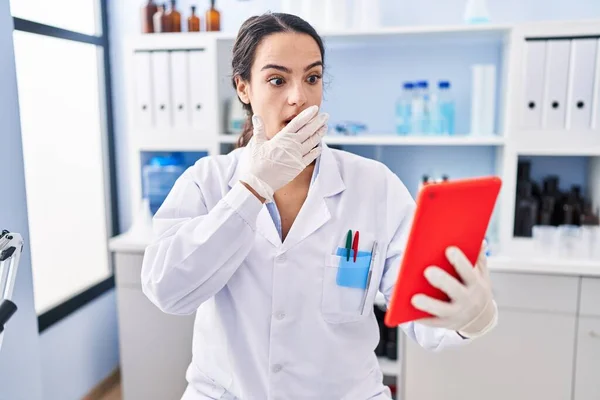 Young Brunette Woman Working Scientist Laboratory Doing Online Call Covering — Stock Photo, Image