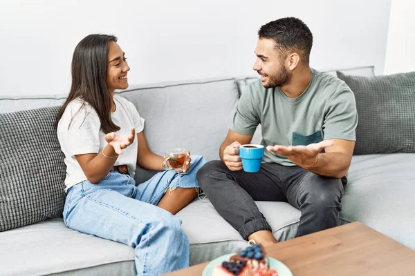 Young Latin Couple Having Breakfast Sitting Sofa Home — Stock Photo, Image