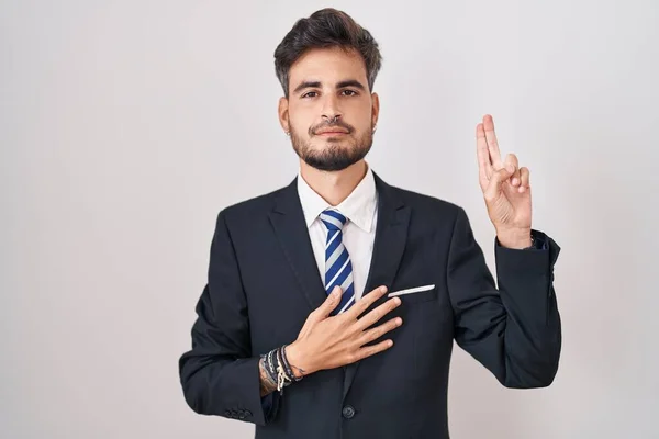 Young Hispanic Man Tattoos Wearing Business Suit Tie Smiling Swearing — Stock Photo, Image