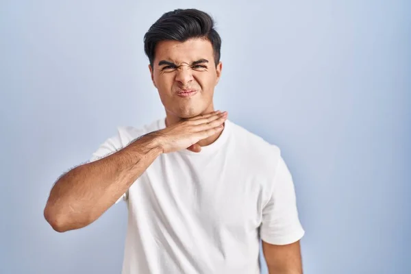 Hispanic Man Standing Blue Background Cutting Throat Hand Knife Threaten — Stock Photo, Image