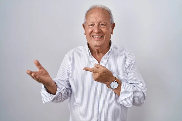 Senior Man Grey Hair Standing Isolated Background Amazed Smiling Camera — Stock Photo, Image