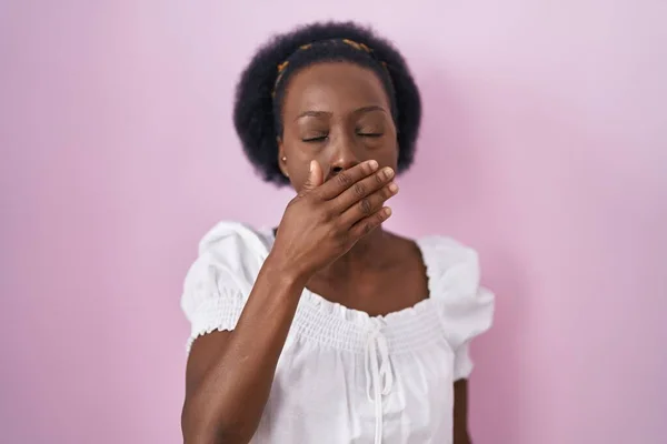 African Woman Curly Hair Standing Pink Background Bored Yawning Tired — Fotografia de Stock