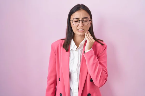 Young Hispanic Woman Wearing Business Clothes Glasses Touching Mouth Hand — Stockfoto