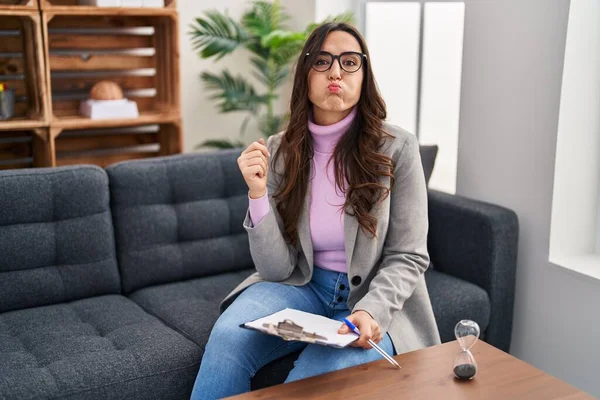 Young Brunette Woman Working Consultation Office Puffing Cheeks Funny Face — Stockfoto