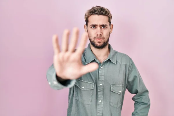 Hispanic Man Beard Standing Pink Background Doing Stop Sing Palm — Stockfoto