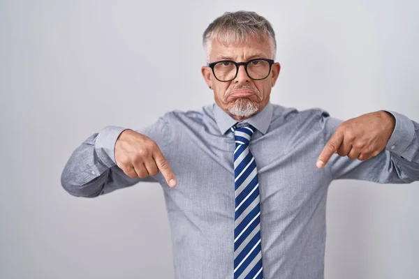 Hispanic Business Man Grey Hair Wearing Glasses Pointing Looking Sad — Stock Photo, Image