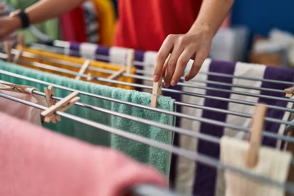 Young Beautiful Hispanic Woman Hanging Clothes Clothesline Laundry Room — Zdjęcie stockowe