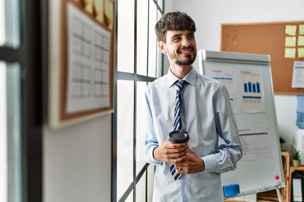 Young Hispanic Businessman Drinking Coffee Standing Office — Stock Photo, Image