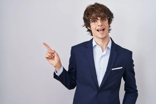 Hispanic Business Young Man Wearing Glasses Big Smile Face Pointing — Stock Photo, Image