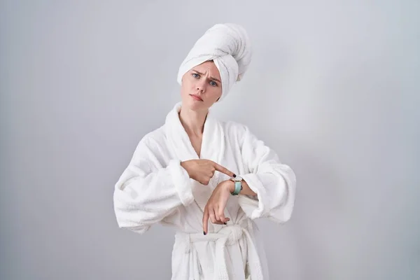 Blonde Caucasian Woman Wearing Bathrobe Hurry Pointing Watch Time Impatience — Stock Photo, Image