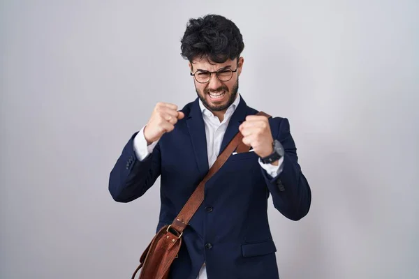 Hispanic Man Beard Wearing Business Clothes Angry Mad Raising Fists — Stock Photo, Image