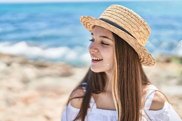 Adorable Girl Tourist Smiling Confident Wearing Summer Hat Seaside — Photo