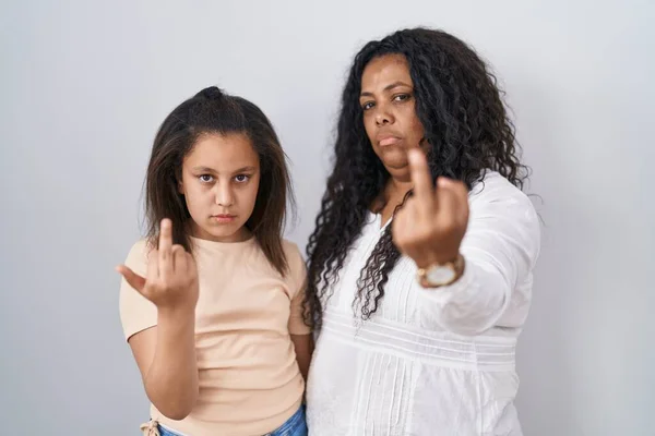 Mother Young Daughter Standing White Background Showing Middle Finger Impolite — Stockfoto