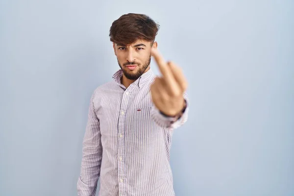 Arab Man Beard Standing Blue Background Showing Middle Finger Impolite — Fotografia de Stock