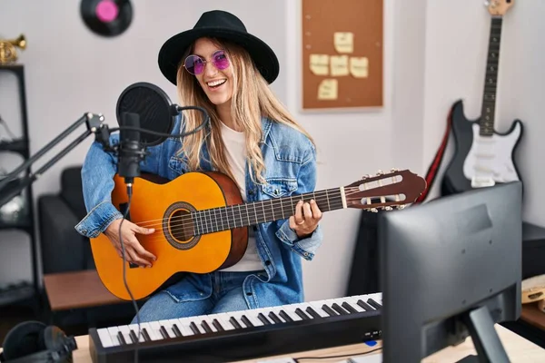 Young Woman Musician Singing Song Playing Classical Guitar Music Studio — Fotografia de Stock