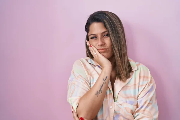 Blonde Woman Standing Pink Background Thinking Looking Tired Bored Depression — Zdjęcie stockowe