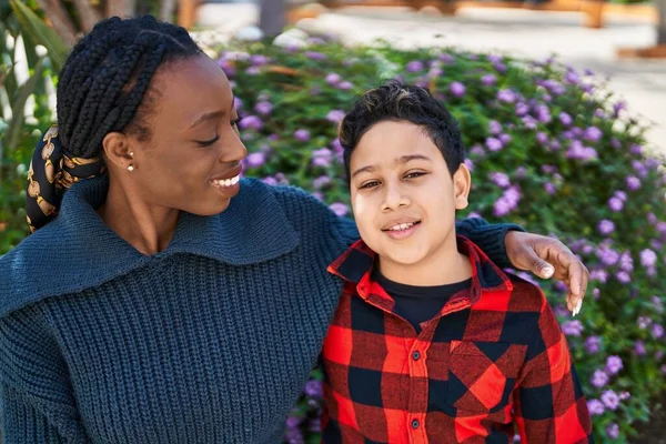 African American Mother Son Smiling Confident Hugging Each Other Park — Stok fotoğraf