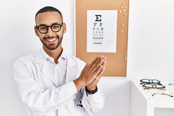 African American Optician Man Standing Eyesight Test Clapping Applauding Happy — Zdjęcie stockowe
