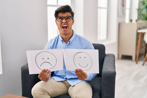 Hispanic Man Working Depression Holding Sad Happy Emotion Paper Angry — Stock Photo, Image