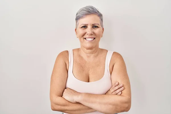 Kaukasische Frau Mittleren Alters Die Vor Weißem Hintergrund Steht Glücklich — Stockfoto