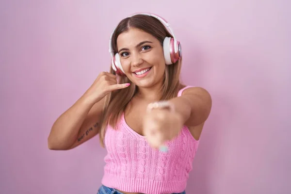 Young Blonde Woman Listening Music Using Headphones Smiling Doing Talking — Foto de Stock