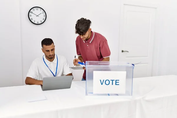 Two Hispanic Politic Party Workers Smiling Happy Working Electoral College — Stockfoto