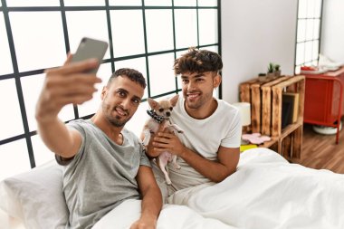 İki İspanyol erkek yatak odasında chihuahua ile yatakta otururken akıllı telefonun yanında selfie çekiyorlar.